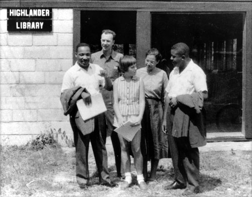 Martin Luther King, Pete Seeger, Rosa Parks, Ralph Abernathy, and Charis Horton at Highlander Institute, 1957