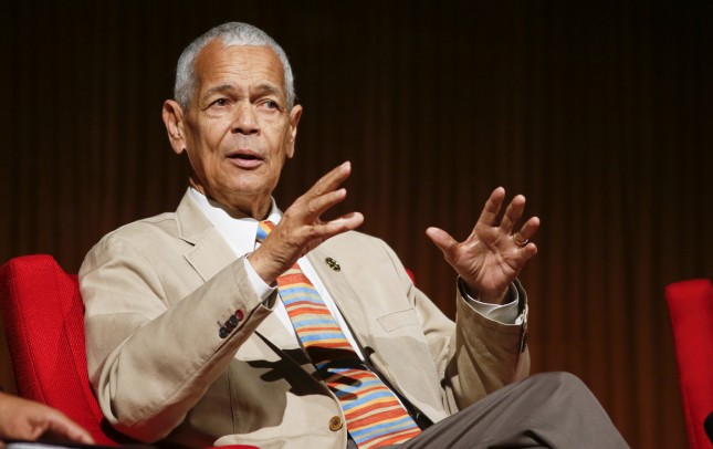 Former NAACP chairman Julian Bond takes part in the "Heroes of the Civil Rights Movement" panel during the Civil Rights Summit on Wednesday, April 9, 2014, in Austin, Texas. (AP Photo/Jack Plunkett)